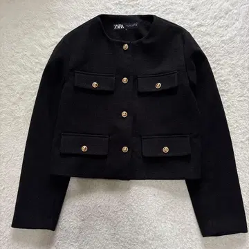새상품급 ZARA 자라 소프트 트위드 자켓 노카라 골드 버튼 블랙