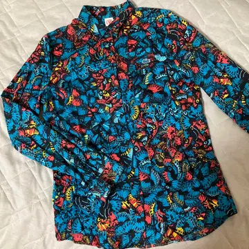 라코스테 올 패턴 셔츠 나비 꽃 파랑 코튼 면