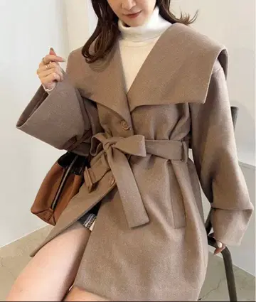 NICE CLAUP 빅 칼라 코트 미니 원피스 코트 모카