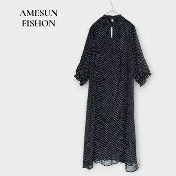 AMESUN FISHON 긴팔 티셔츠 원피스 S 쉬폰 도트 블랙