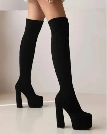 롱 부츠 힐 통굽 신발 블랙 블랙