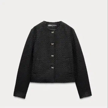 BT1360 ZARA 금장 리본 버튼 노카라 트위드 자켓 M 블랙