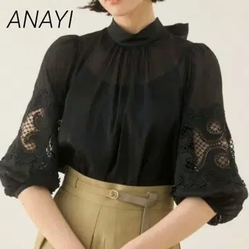 ANAYI 레이스 블라우스 리본 풀오버 셔츠 블랙