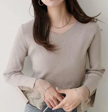 natural couture 소매 레이스 리브 니트