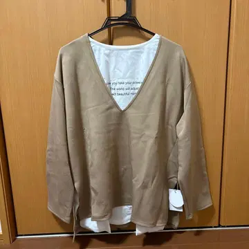 베이지 V넥 긴팔 상의