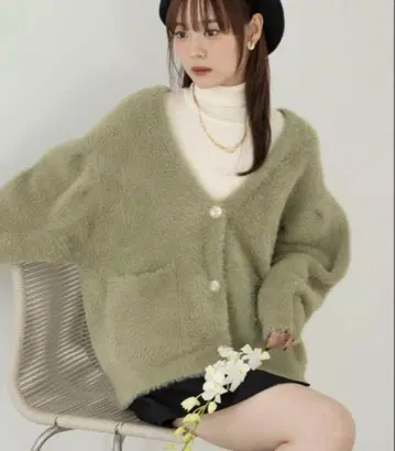 샤기 니트 가디건 그린 hinari