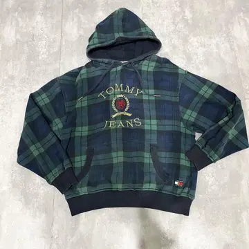 TOMMY JEANS 체크 무늬 후드 부착 후드티
