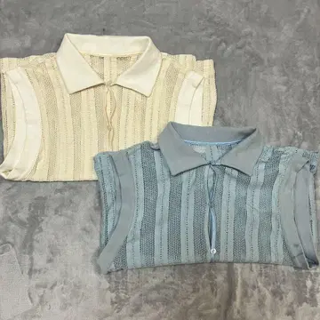아이보리 스카이블루 스트라이프 반팔 니트