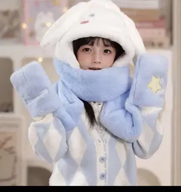 산리오 시나몬 롤 후드 부착 스카프와 미튼