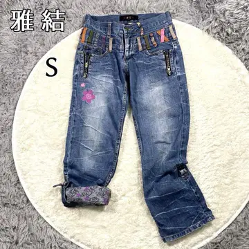 미야비유이 데님 일본풍 패턴 벚꽃 자수/뒷면 프린트 S 크롭 기장