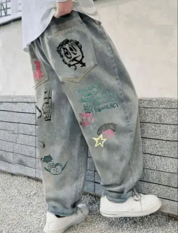 그래피티 프린트 와이드 데님 팬츠