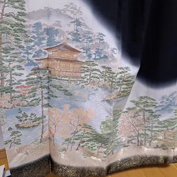 오동나무 문양 금각사 금 자수 블랙 전통 예복 기모노