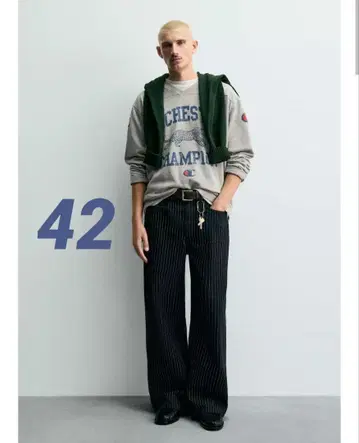 CHAMPION x ZARA 스트라이프 배기 핏 청바지 42