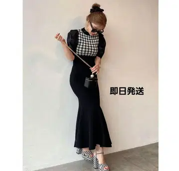 체크 무늬 반팔 니트 원피스
