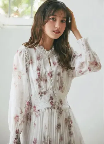 프릴 장식 플라워 프린트 셔링 원피스 로즈 핑크