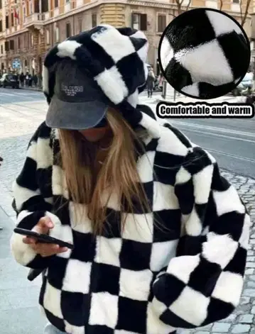 SHEIN 블록 체크 패턴 퍼 후디 자켓