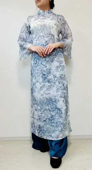 아오자이 베트남 전통 의상 랜드스케이프 패턴 실크 원단 L 사이즈
