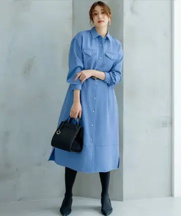 쿠미쿄쿠 [ 새시 벨트 포함 ] 펄 버튼 셔츠 원피스