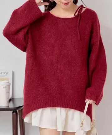 [ Chico ] 어깨끈 리본 루즈 샤기 니트 원피스