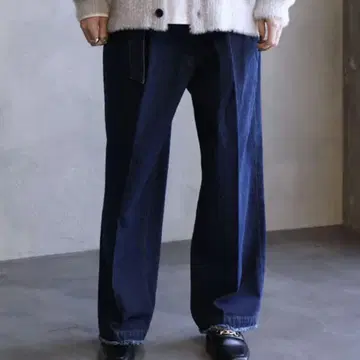 JUNRED 프린지 데님 와이드 테이퍼드 팬츠