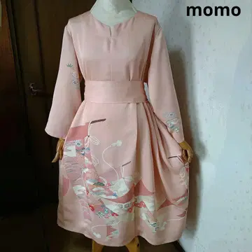 순수 실크 호몬기 허리 리본 포함 턱 들어간 원피스 기모노 리메이크