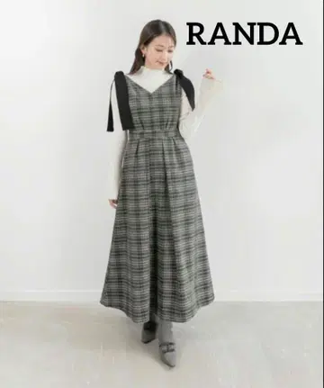 RANDA 모노톤 빅 체크 무늬 원피스 리본