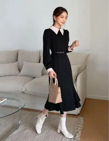 블랙 베이지 긴팔 롱 원피스