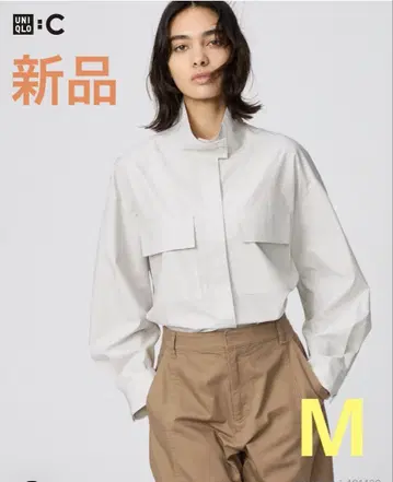 유니클로C 코튼 스탠드 카라 셔츠 자켓 베이지 스트라이프 M