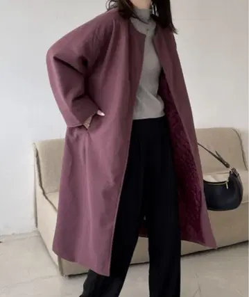 여성용 볼륨 노카라 롱 코트 다크 퍼플