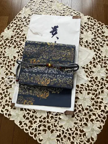 순수 실크 네이비 골드 컬러 꽃무늬 후쿠로 오비