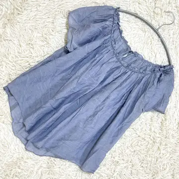 에리오폴 블루 개더 오프숄더 블라우스 반팔 코튼 실크 혼방 S