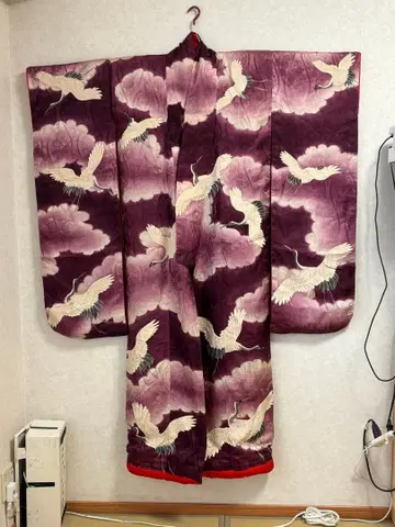 앤티크 기모노 우치카케 후리소데 보라색 학 무늬