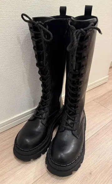 ZARA 38 새상품급 레이스업 롱 부츠 블랙 통굽 사이드 지퍼