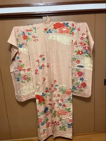 핑크 꽃무늬 후리소데 기모노 실크
