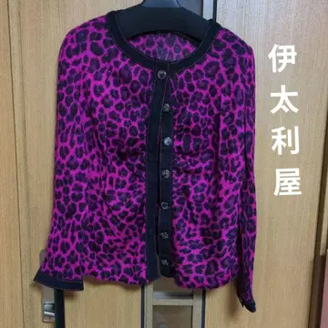 이타리야 모헤어 레오파드 무늬 긴팔 가디건 핑크 블랙 테두리(스웨이드풍)