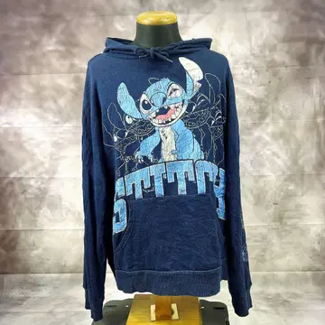 Disney 00s 스티치 후드티 L 네이비 크랙 프린트 단종