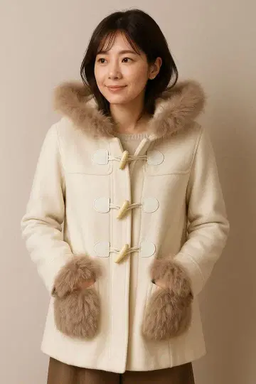 아이보리 퍼 달린 더플 코트