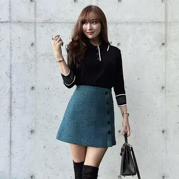 sheller 셰리에 트위드 버튼 미니 스커트 M 터콰이즈