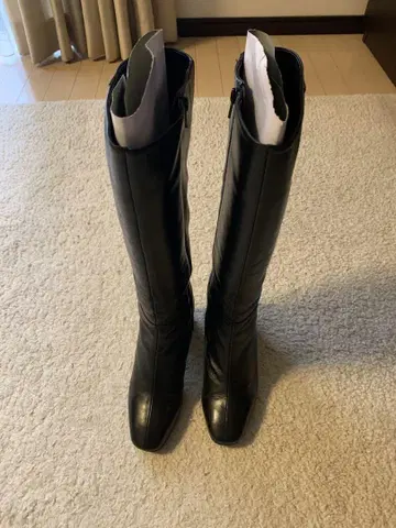 가죽 블랙 롱 부츠 중간 힐