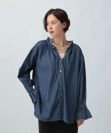 렙심 LEPSIM 데님 프릴 블라우스 인디고 블루 택 포함 미사용 새상품