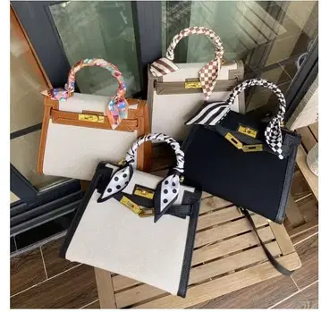 천연 가죽 스카프 포함 캔버스 핸드백