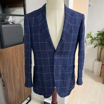 BEAMS F 네이비 체크 테일러드 자켓