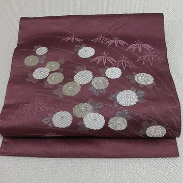 나고야 오비 와인 레드 꽃무늬 자수