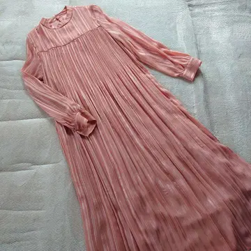 [레어] 총 플리츠 롱 원피스 vintage 라메 믹스 살몬 핑크