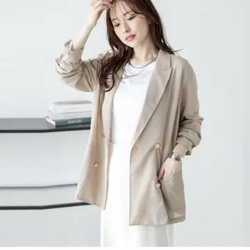 시어 메쉬 자켓 베이지 더블 자켓 아우터 골드 버튼