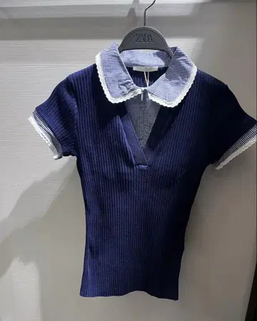 h&m 네이비 체크 옷깃 반팔 상의