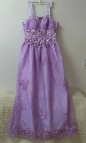 연보라 비즈 자수 플로어 기장 드레스
