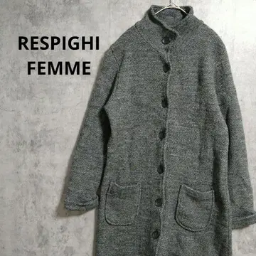 레스피기 롱 코트 아우터 하이넥 버튼 프론트 오픈 헤링본 무늬 M