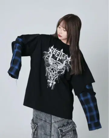 REFLEM 스컬 레이어드 체크 롱 슬리브 티셔츠 블루