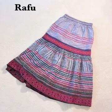 Rafu 플레어 스커트 무릎 기장 멀티 컬러 밴딩 에스닉